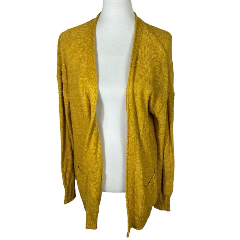 Tahari Mustard Yellow Textured Knit Longline Open Cardigan With Pockets Size S